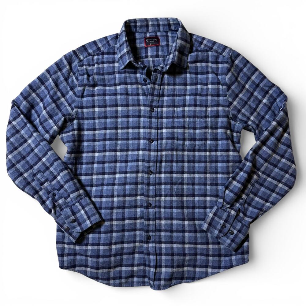 UNTUCKIT Caylise Flannel Shirt Mens Size Large Blue Plaid Slim Fit Button Up